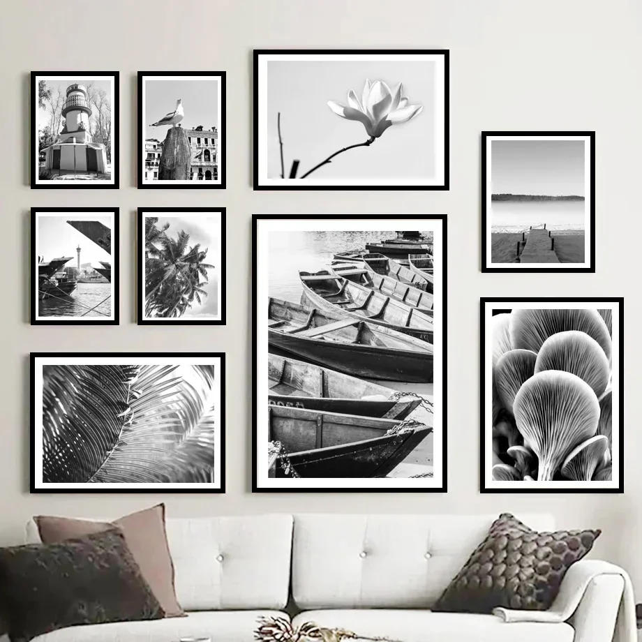 A4 6 7 8inch Photo Frame With Canvas Painting Black And White Beach Mushroom Boat Bird Flowers Wall Art Combination Photo Frame