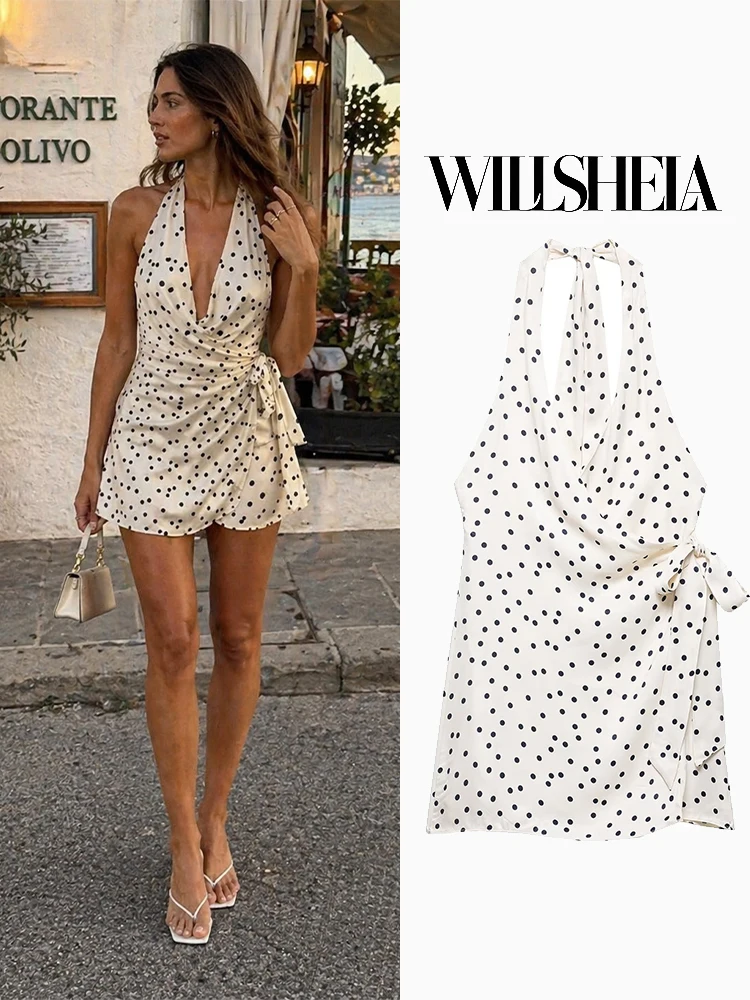 Willshela Women Fashion With Bow Dot Printed Backless Mini Dress Vintage Halter Neck Sleeveless Female Chic Lady Dresses