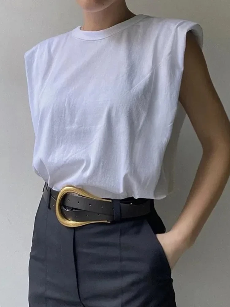 

Ladies Fashion Shoulder Pads Tee Top Women Cotton Sleeveless O-Neck T-Shirt Streetwear