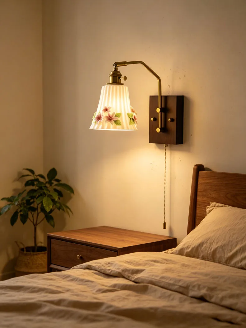 White Ceramic Wall Light Flower Wood Base Switch E27 Bulb