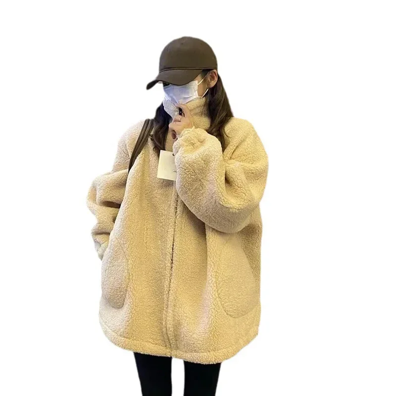 Verdikt leerbont Geïntegreerd damesjack Bovenkleding Herfst Winter Los afslankend lamsbont Sweatshirt met opstaande kraag