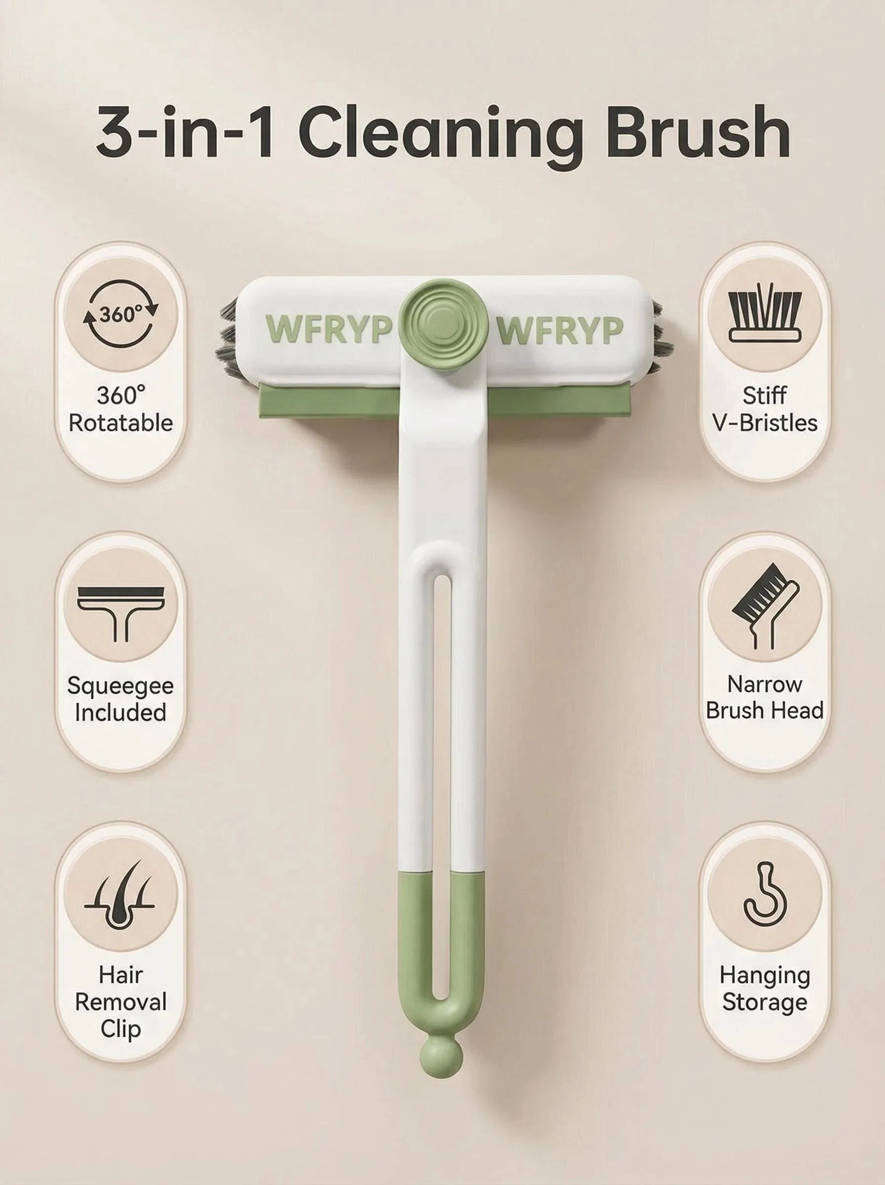 

3-in-1 Crevice Cleaning Brush with Hair Remover, 360° Rotating Head & Scraper for Bathroom and Kitchen