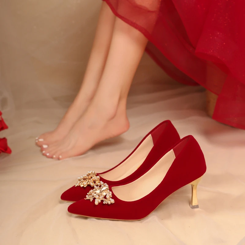 كعب مربع حذا فردي للسيدات 2025 الربيع والخريف جديد أشار تو الجلد المدبوغ زهرة الانزلاق على عدم الانزلاق أحذية الزفاف عالية الكعب #2