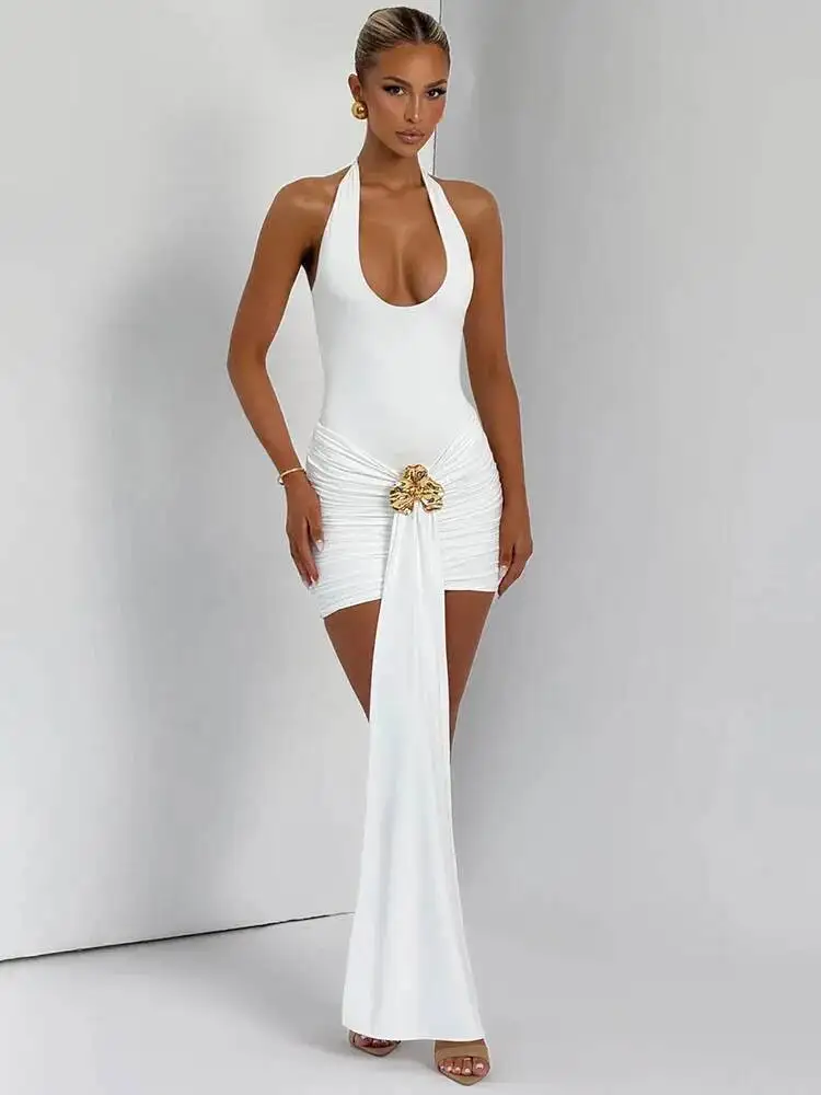 Gaun Mini Seksi Wanita Model Halter Tanpa Lengan Bodycon untuk Pesta Klub, Berbahan Metal Flower Draped Ruched, Model Baru