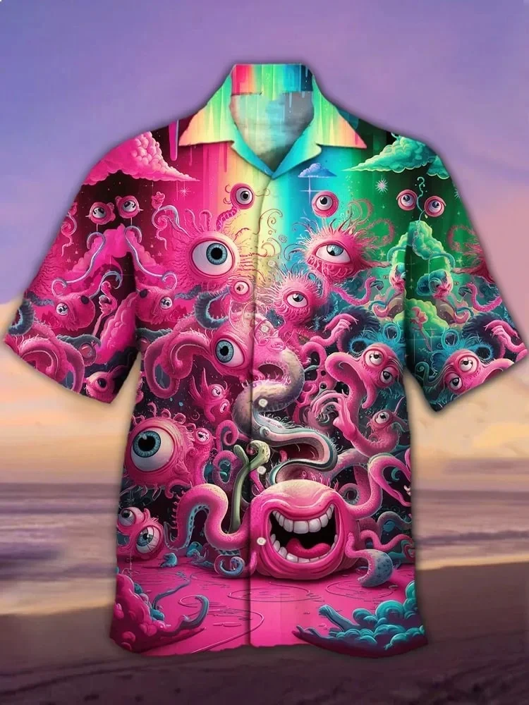 

Japanese Style Octopus Monster and Sailboat in Giant Waves Printing Short Sleeve Shirt 2025 Casual Loose Shirt