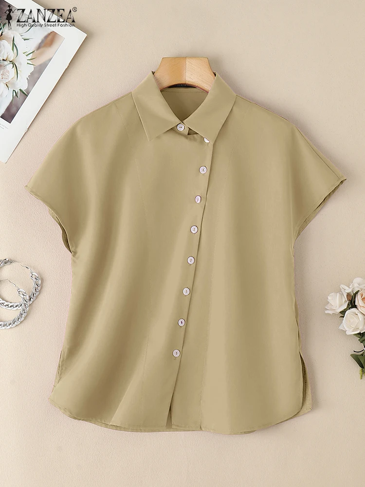 

ZANZEA, летние офисные рубашки, 2025 г., женская блузка с короткими рукавами и пуговицами, модные однотонные рабочие топы, шикарная женская сорочка большого размера