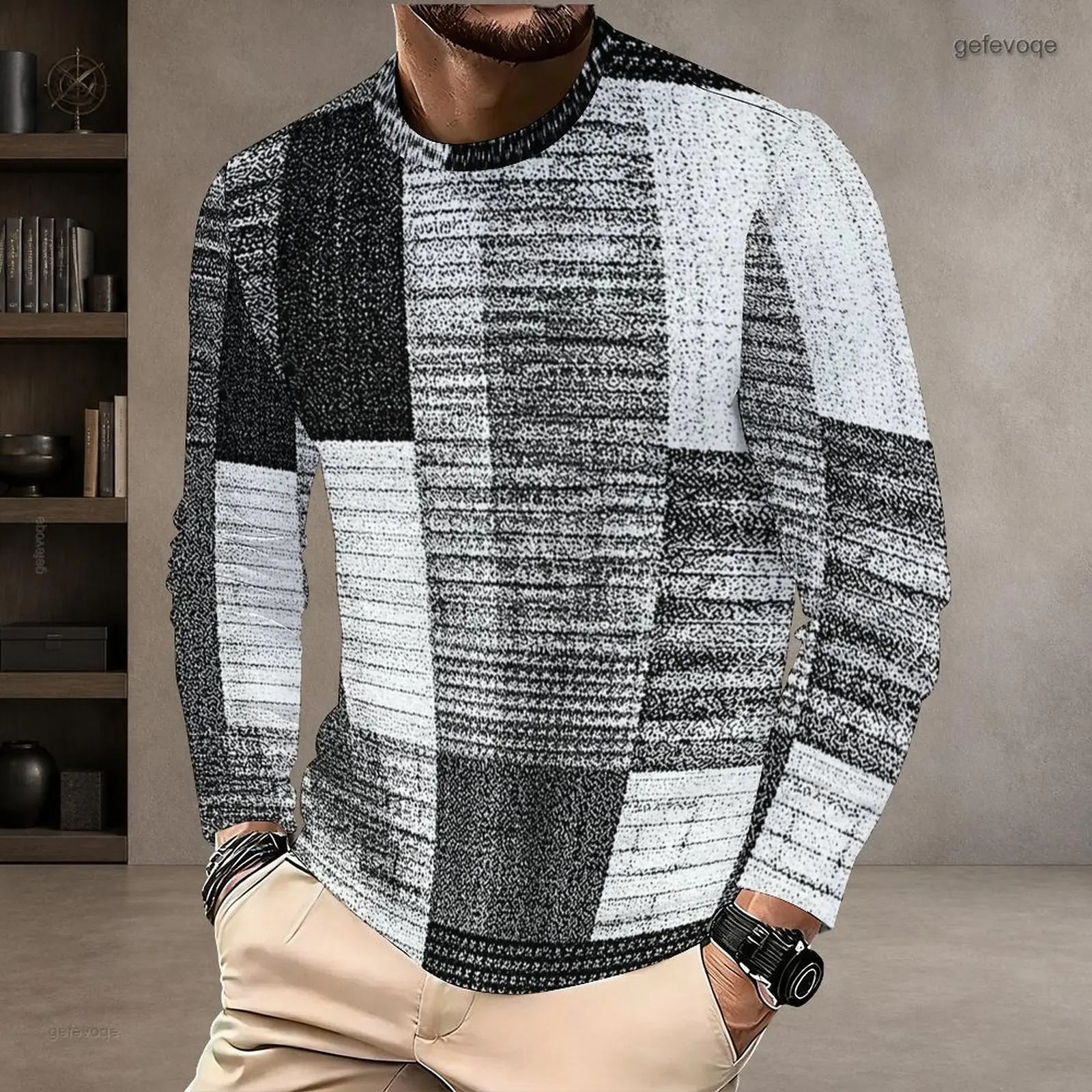 Men Blue Green Patchwork Plaid Herringbone Print Round Neck Long Sleeve Pullover T Shirt