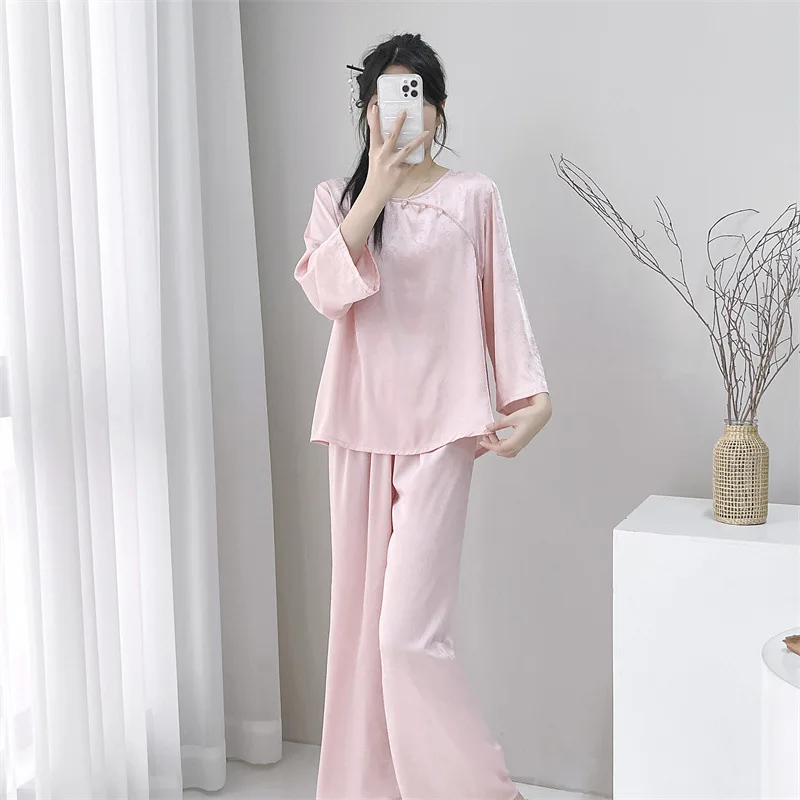 New Chinese Style Pajamas Set Women Sleepwear Jacquard Flower Long Sleeve Trouser Suits Lingerie Loose Satin Homewear Loungewear