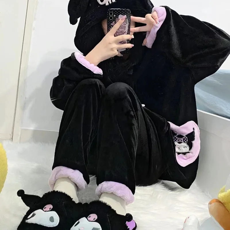 Cute Sanrioed Kuromi Homewear Y2K Plush Pajamas 2 Piece Set Girl Hooded Tops Pants Kawaii Black Winter Coral Fleece Sleepwear