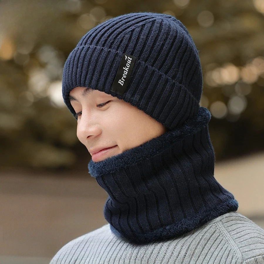 Hot Sale New Men's Winter Thickened Wool Knitted Hat Scarf Two-piece Set High Elastic Stylish Versatile Simple Warm Hat Kit