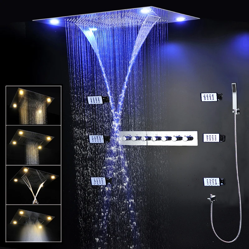 hm 2024 Luxury Large Thermostatic Shower Set  600x800mm Rainfall Mist Waterfall ShowerHead Panel Body Jet Bath LED Faucet System