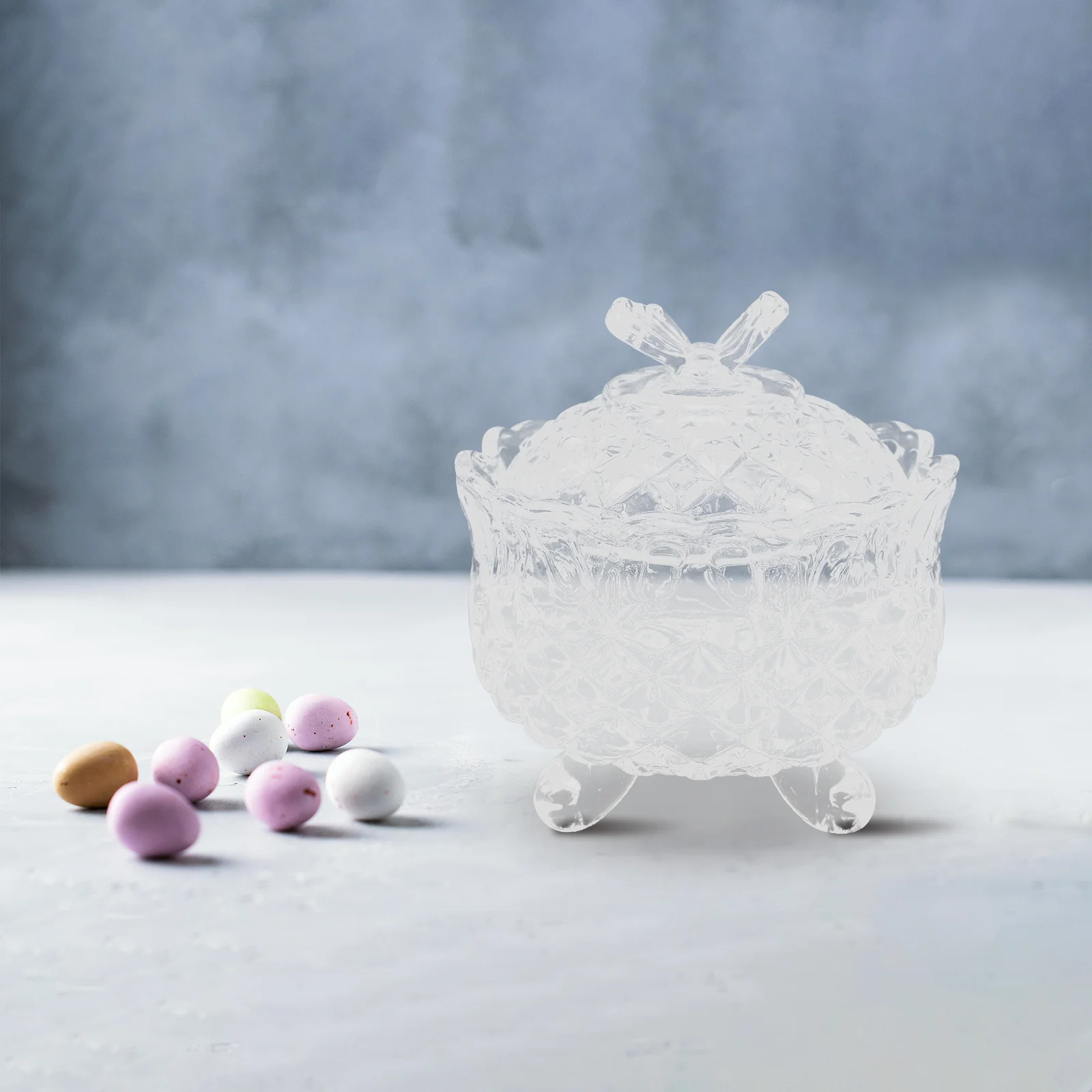 

Glass Candy Bottle Lid Unique Design Aesthetic Appeal Portable Size Space Saving Decorative Item Kitchen Table Containers