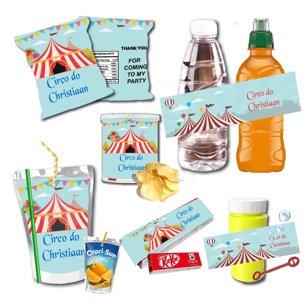 Circus Water Bottle Champagne Labels Juice Pouch Snacks Bag Candy Wrapper Stickers Circuncision Baby Shower Birthday Decor