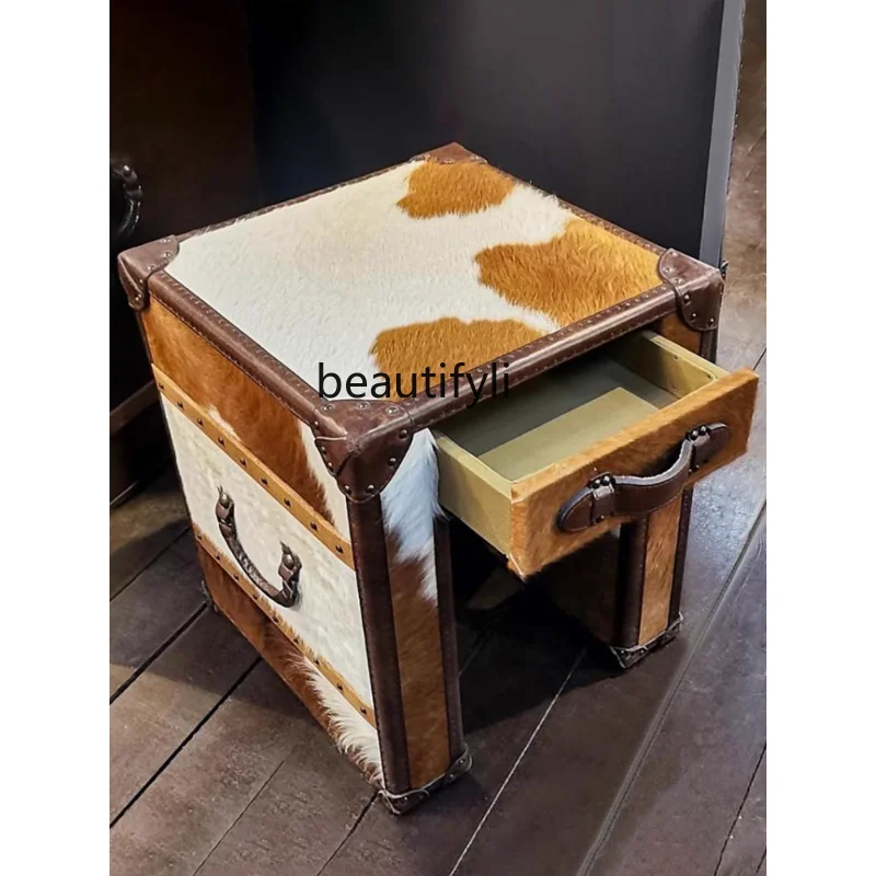 

American Cow Leather Coffee Table Tea Table Vintage Bedside Table Genuine Leather Side Table Cigar Shop Villa European Style