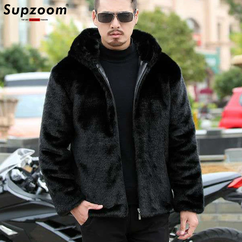 Supzoom 2022 New Arrival Top Fashion Winter Warm Flowing Gold Mink Imitation Sheep Sheared Fur Zipper Men's Solid Hooded Jacket