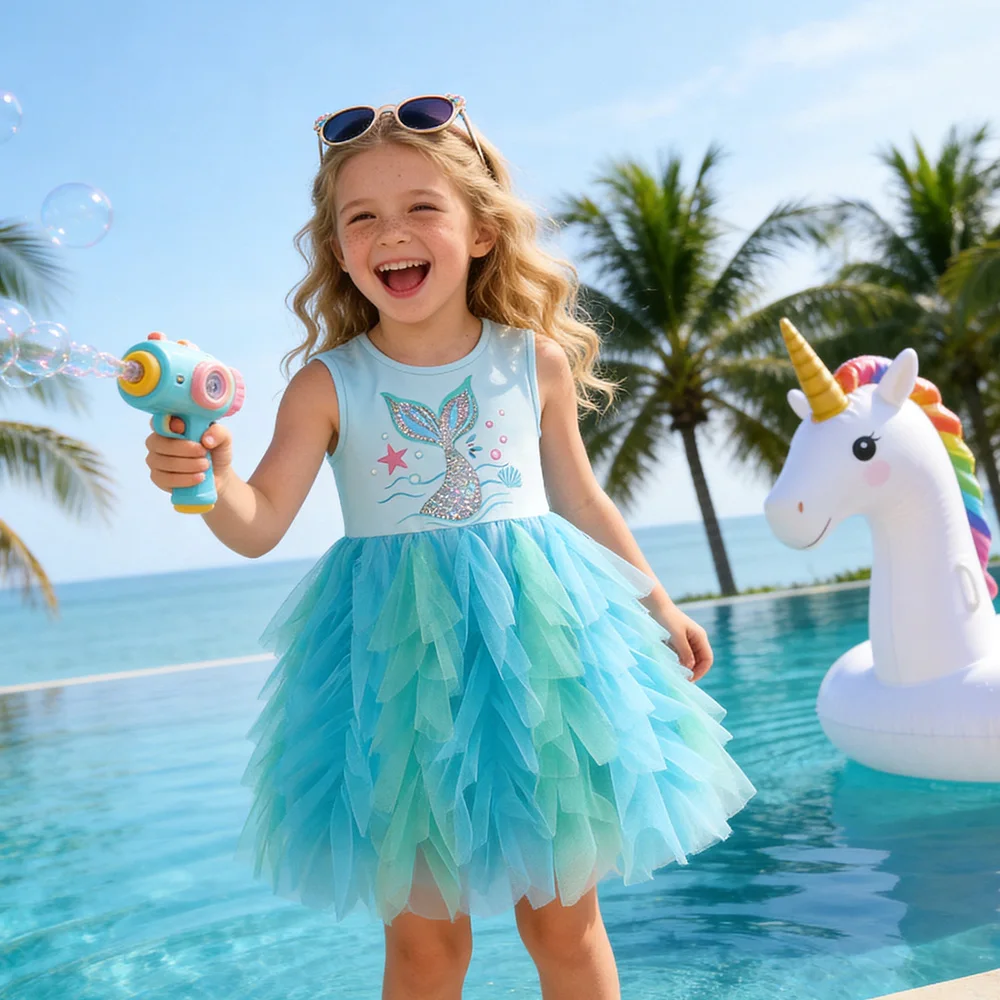 VIKITA Mädchen ärmelloses Sommerkleid mit Meerjungfrauen-Print, blau, für Kinder, mehrlagig, Prinzessin, Geburtstagsfeier, Ballkleid, elegante Tutu-Kleider – Detail 2