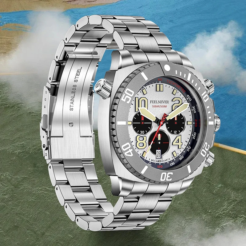 FeelNever Profissional Luxo Vidro Safira Homem Relógio de Luxo Aço Inoxidável Luminoso 500m À Prova D 'Água Data Automática Relógios de Quartzo