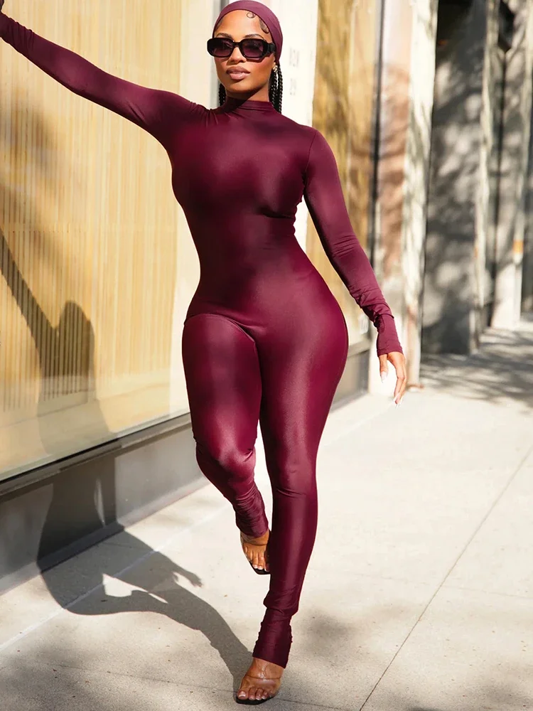 

Повседневные модные комбинезоны для женщин: с воротником-стойкой, длинными рукавами, облегающие, эластичные, однотонные, в спортивном стиле