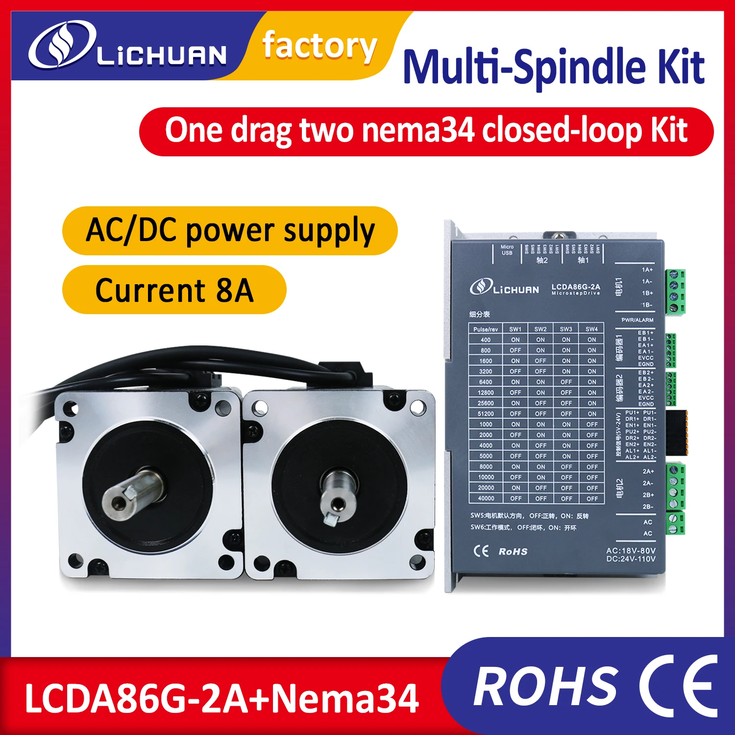 

Lichuan 2-axis Nema34 closed loop stepper motor 86mm 4.5Nm 6.5Nm 8Nm 10Nm 12Nm with 2 axis driverLCDA86G-2A AC/DC power CNC