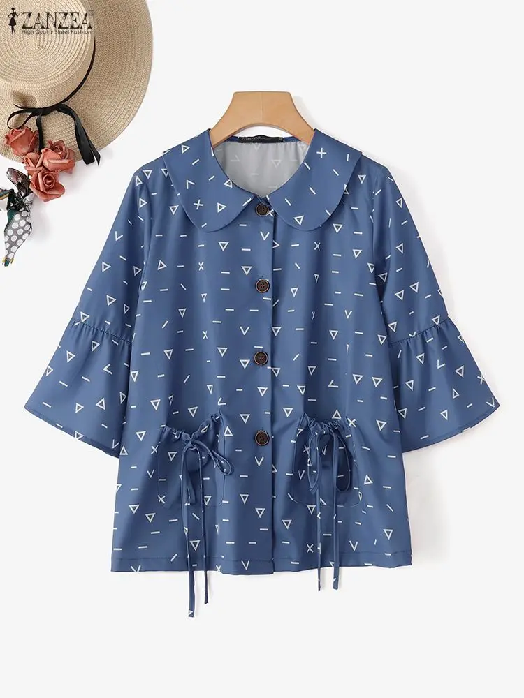 

Женские винтажные рубашки с воротником Питера Пэна, расклешенные рукава 3/4, карманы на пуговицах, топы с принтом на шнурке, ZANZEA, женская одежда