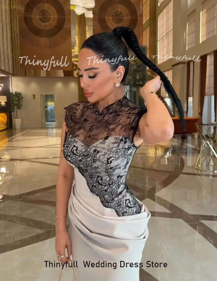 Thinyfull Mermaid Satin/Lace Prom Dresses Sleeveless Arab Long Evening Dress Vestidos De Fiesta Elegantes Gown Customized