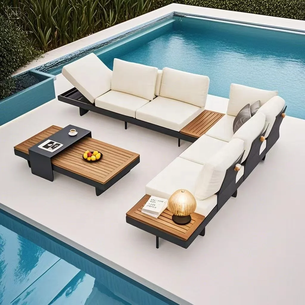 Hot Selling 1.2cbm Small Volume Teak Wood Furniture With Cushions Sofa Set Living Room Patio Hotel Outdoor Sectional Garden Sofa