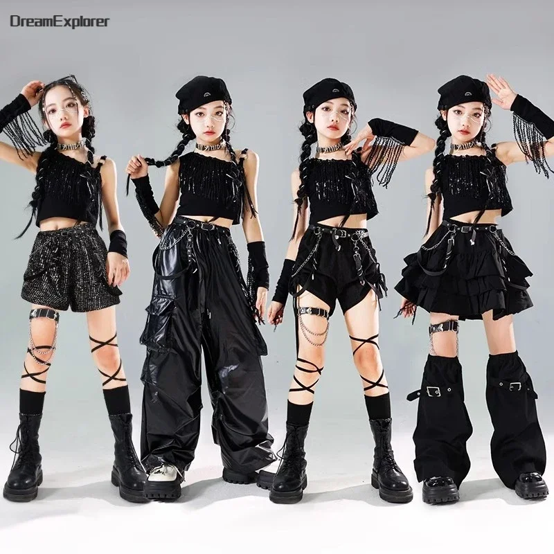 

Hip Hop Kids Sequin Tassels Crop Top Cargo Pants Skirt Girls Street Dance Shorts Streetwear Child Jazz K-pop Costume Clothes Set