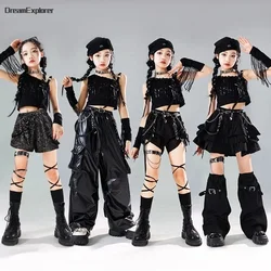 Hip Hop Kids Pailletten Kwasten Crop Top Cargo Broek Rok Meisjes Street Dance Shorts Streetwear Kind Jazz K-pop Kostuum Kleding Set