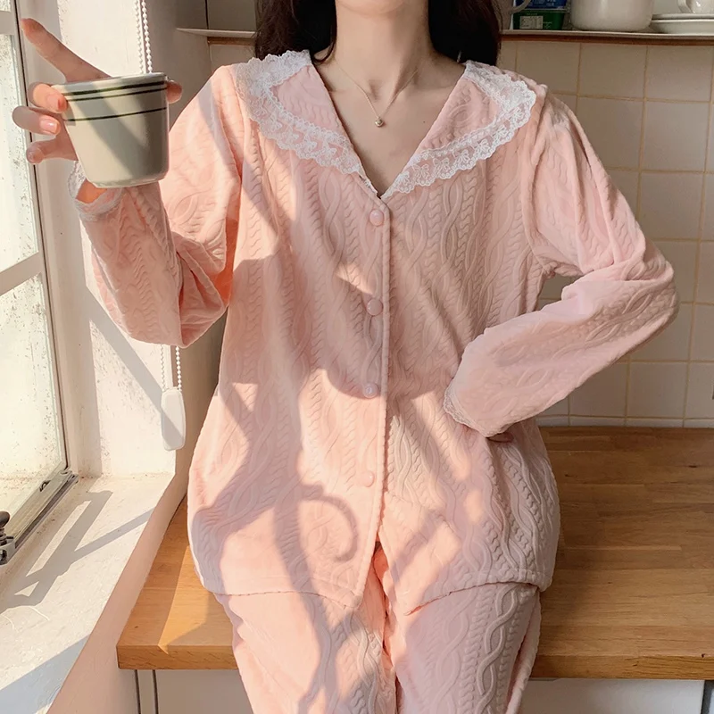 

2023 Winter Long Sleeve Thick Warm Island Velvet Pajama Sets for Women Korean Cute Lace Sleepwear Pyjama Homewear Home Clothes