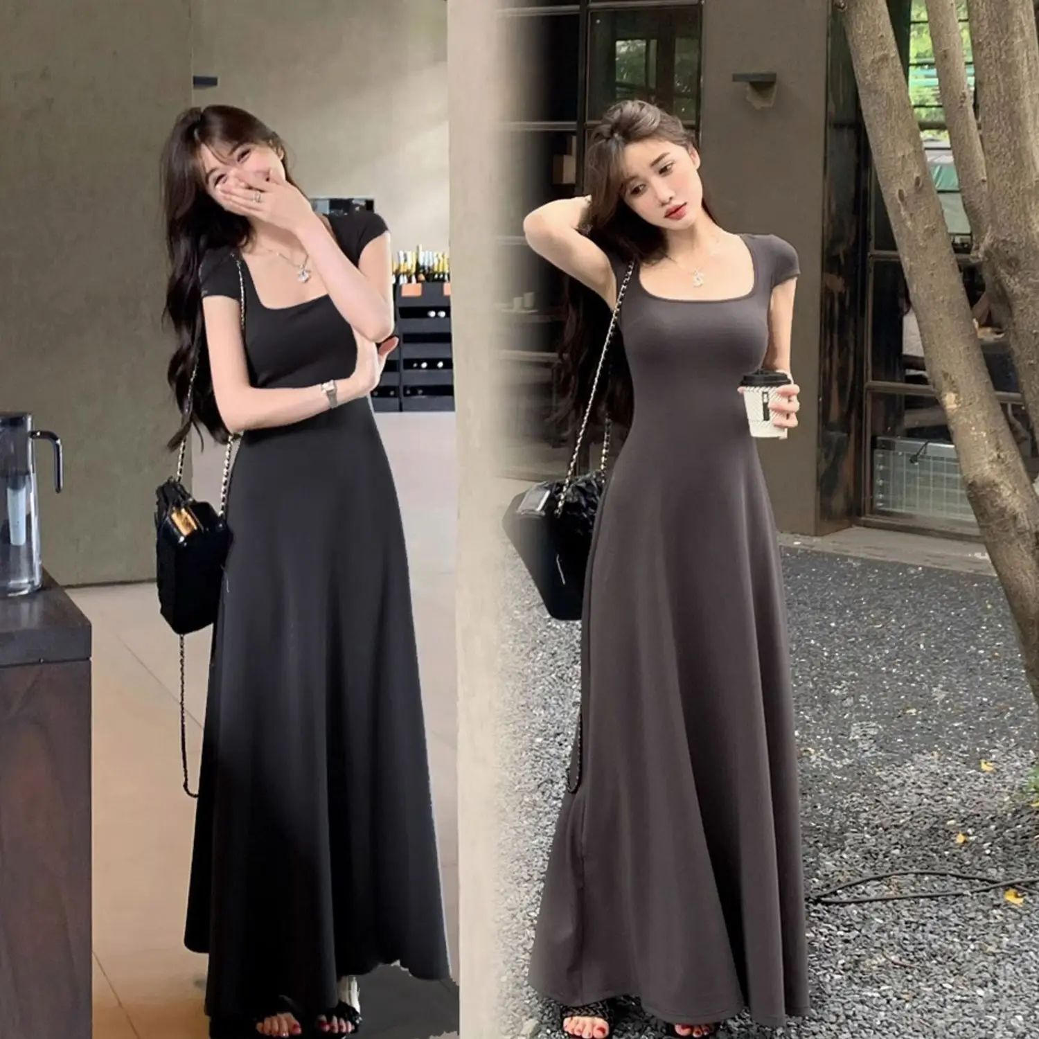 Summer Thin Dresses Casual Square Collar Ladies Slim Pullovers Long Dress 2023 New Temperament Short Sleeve Women\'s Clothing