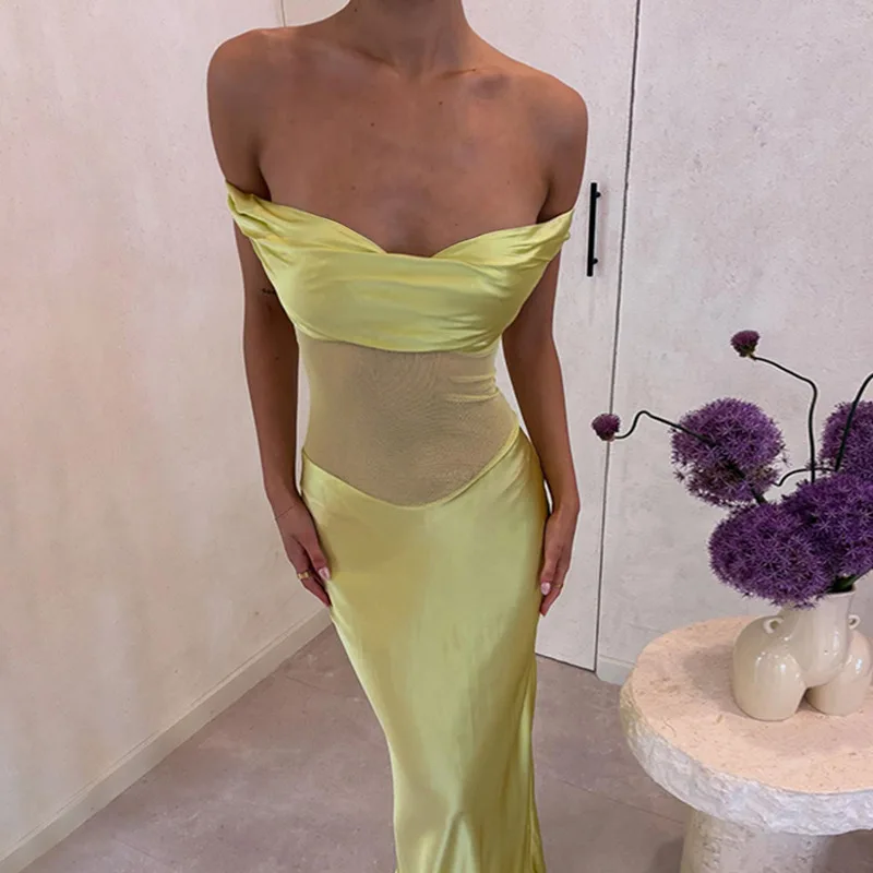 ZX25253PFO Vollständig verwaltetes, heiß verkauftes, schulterfreies Mesh-Patchwork-Satin-Kleid mit elegantem Design-Sinn