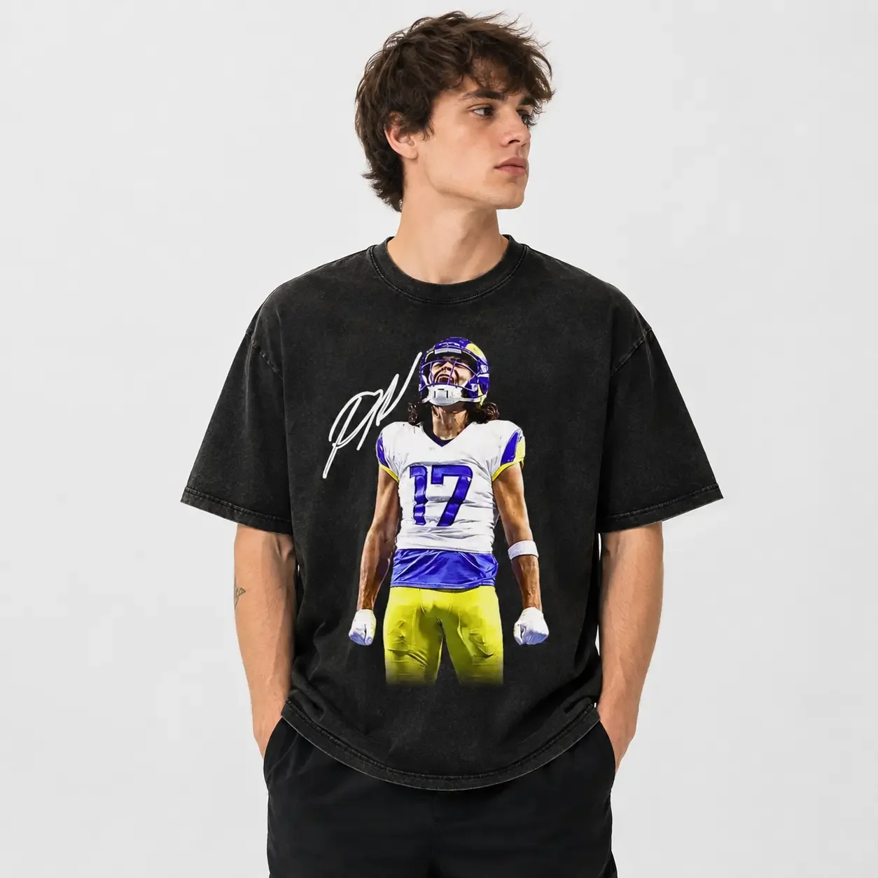 Number 17 Football Player Portrait Signature Printed Tee, Black Vintage Casual Short Sleeve T-Shirt, Gift For Men Women Football Fans