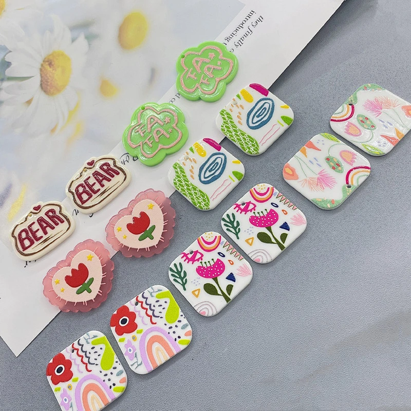 

New style 50pcs/lot color flowers pattern print geometry square/hearts shape acrylic beads diy jewelry earring accessory