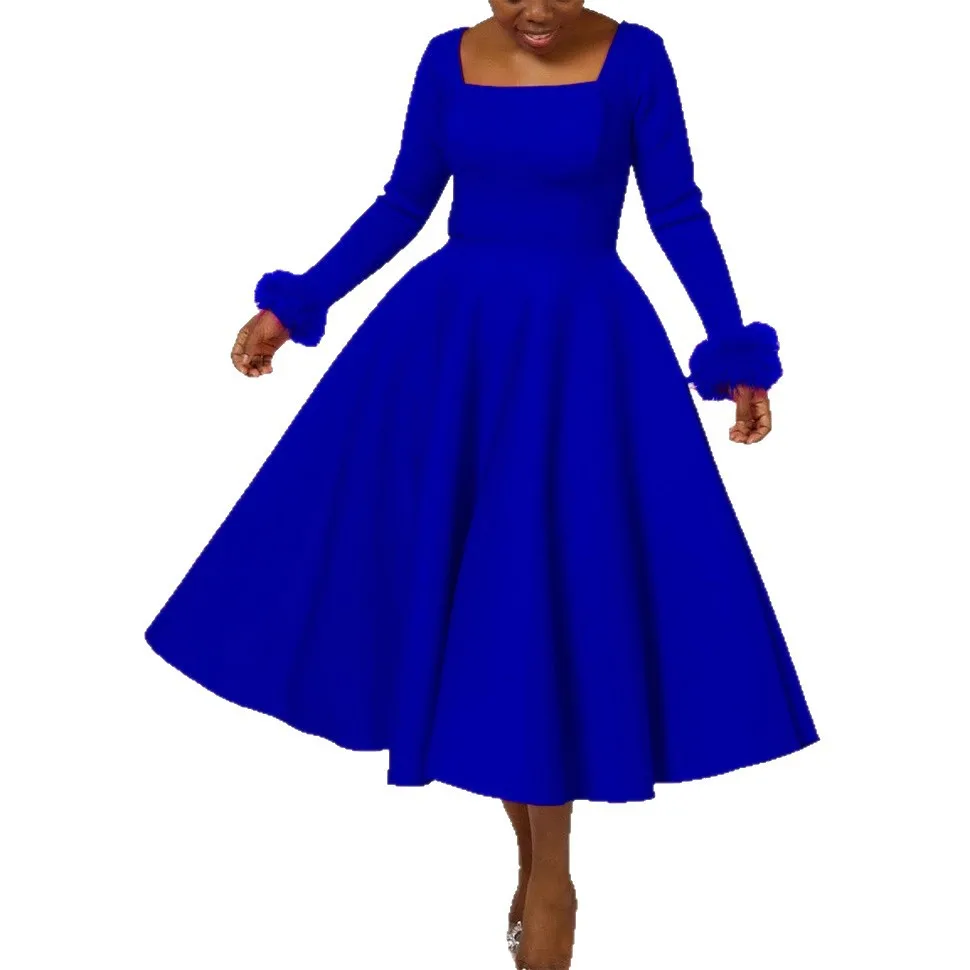 

2026 Spring Summer African Women Long Sleeve Square Collar Solid Color Party Evening Pleated Midi Dress Dashiki Africa Clothing