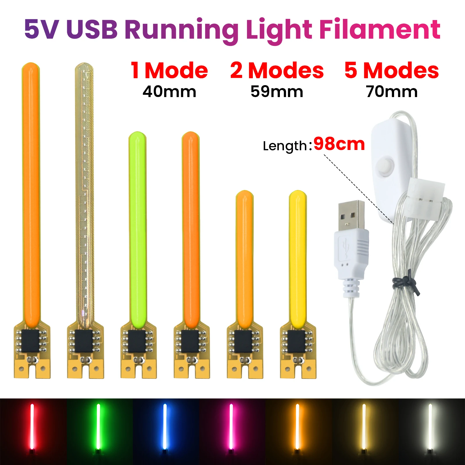 3V Cob 40mm 59mm 70mm Meteor Shower Flowing Water Lamp Led Filament Light Diodes Parts USB Switch With Buckle No Need Welding image 5