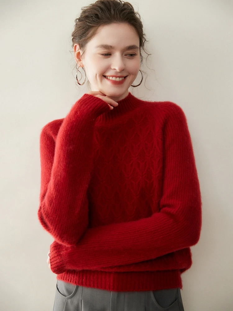 جديد المرأة وهمية الرقبة قاعدة الجاكار القمم شيك بسيط أساسيات نمط سميكة البلوز الخريف الشتاء 100% الكشمير محبوك سترة #6