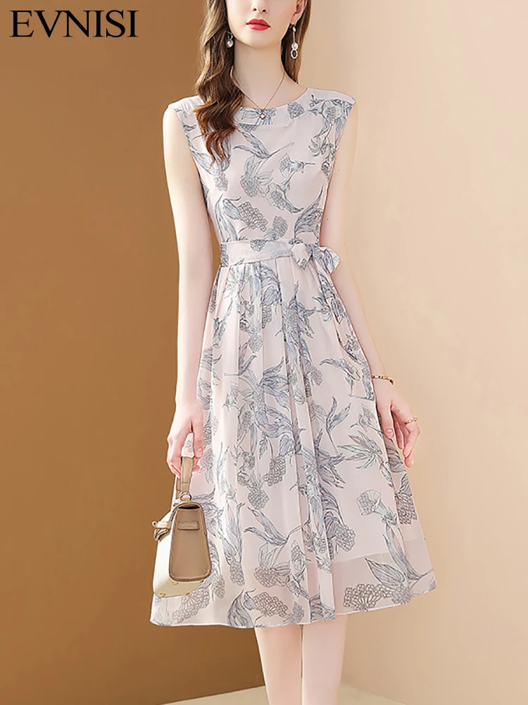 Chiffon Print Dress Summer New Women O-Neck Sleeveless Lace Up Elegant A-Line Slim Pleat Dress Office Lady Vestidos