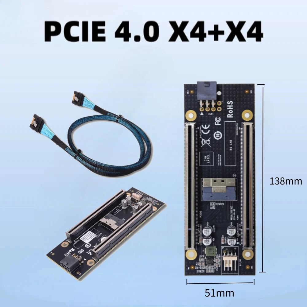 PCIe 4.0 X4+X4 Adapter Board Dual-slot 4X Split Card Base Backplane for GPU NIC HDD SSD Graphics Network Hard Drives SFF-8654 8i