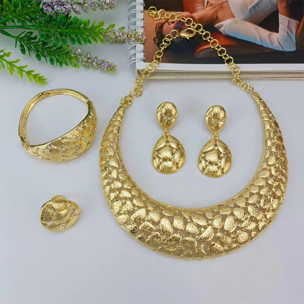 EMMA Hot Selling African Necklace Bracelet Ring Earrings Woman full Jewelry Set Big Italian Design Gold-plated Jewelry Gifts