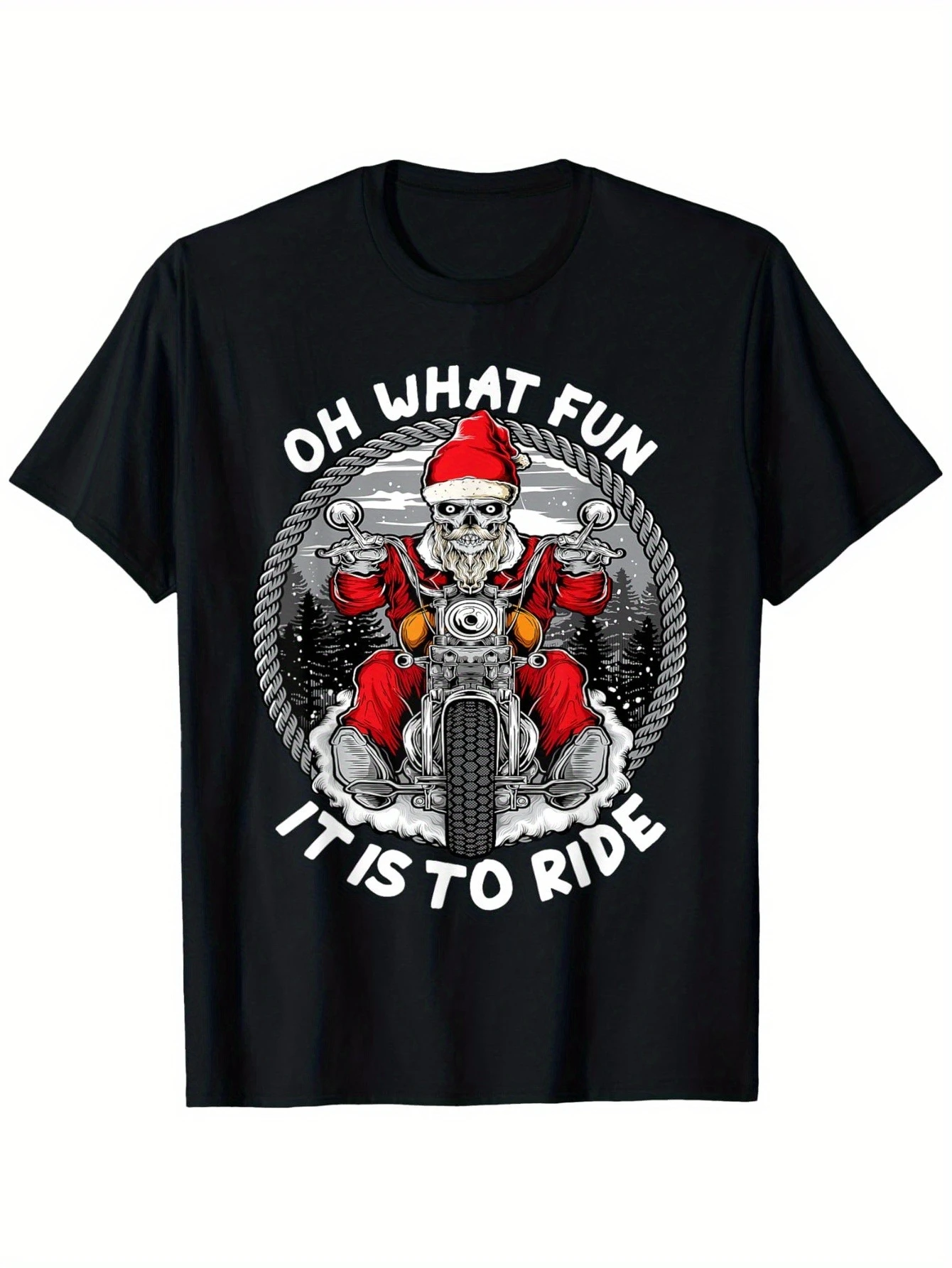 

Men's casual round neck 100% cotton, geometric Santa Claus motorcycle rider-four seasons short-sleeved printed T-shirt.