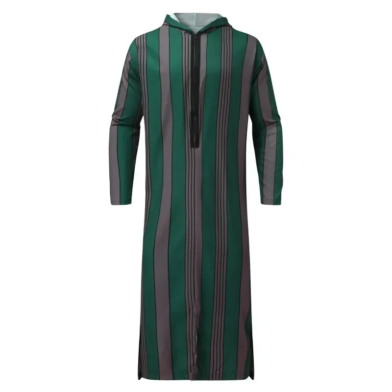 

2025 Men's Zipper Muslim Robe Islamic Arabian Striped Patchwork Hooded Jubba Thobe Streetwear Casual Loose Arabian Islamic Robe