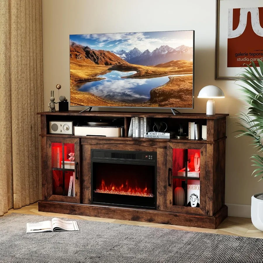 حامل تلفزيون مدفأة كهربائية مصمم لأجهزة التلفاز حتى 65 بوصة يتميز بأضواء LED المحيطة وجهاز التحكم عن بعد قابل للتعديل I #2