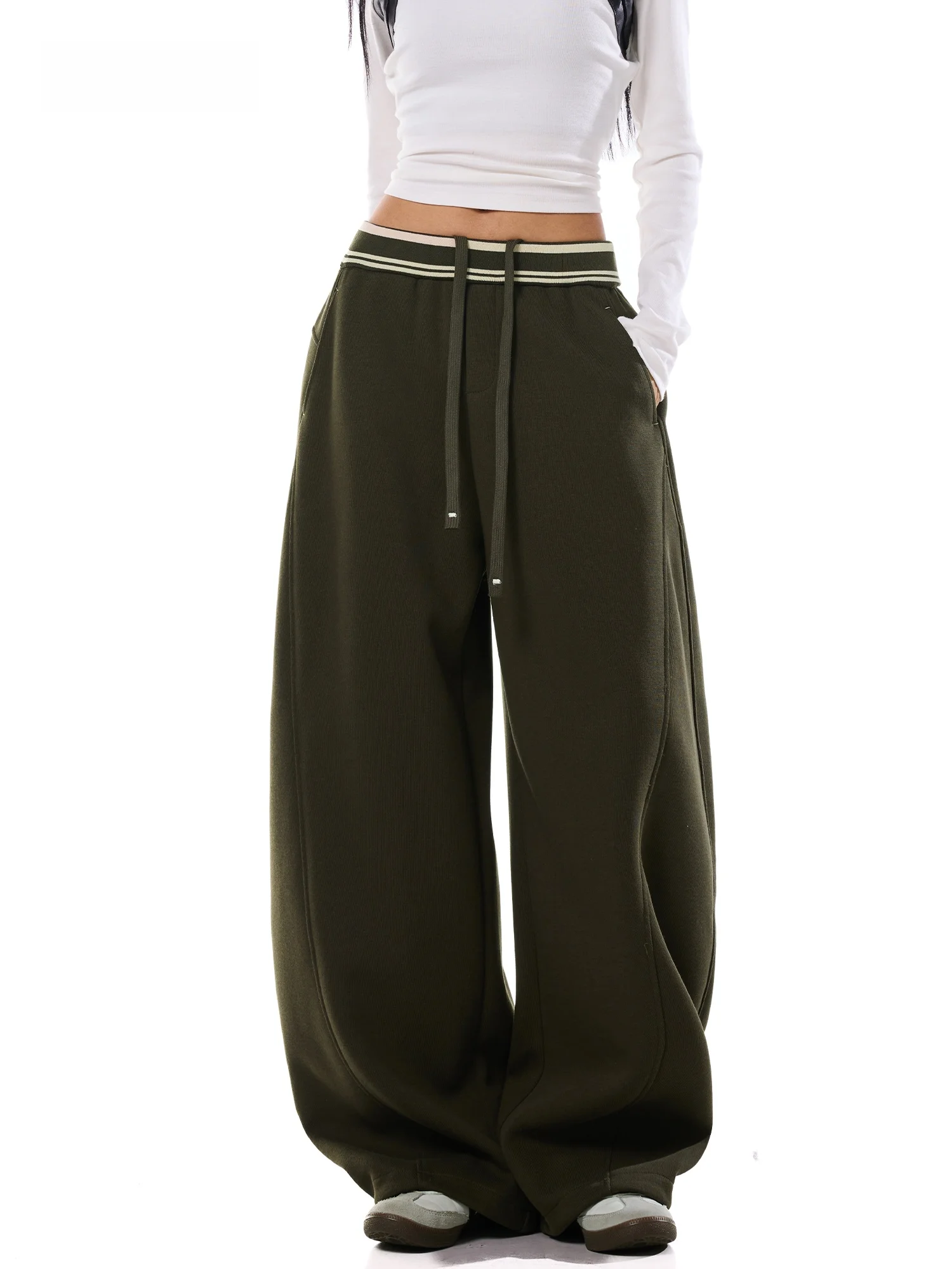 EDX Green Casual Wide Leg Pants Women's Autumn New Style Knife Waist Stripe Color Block Design American Long Pants