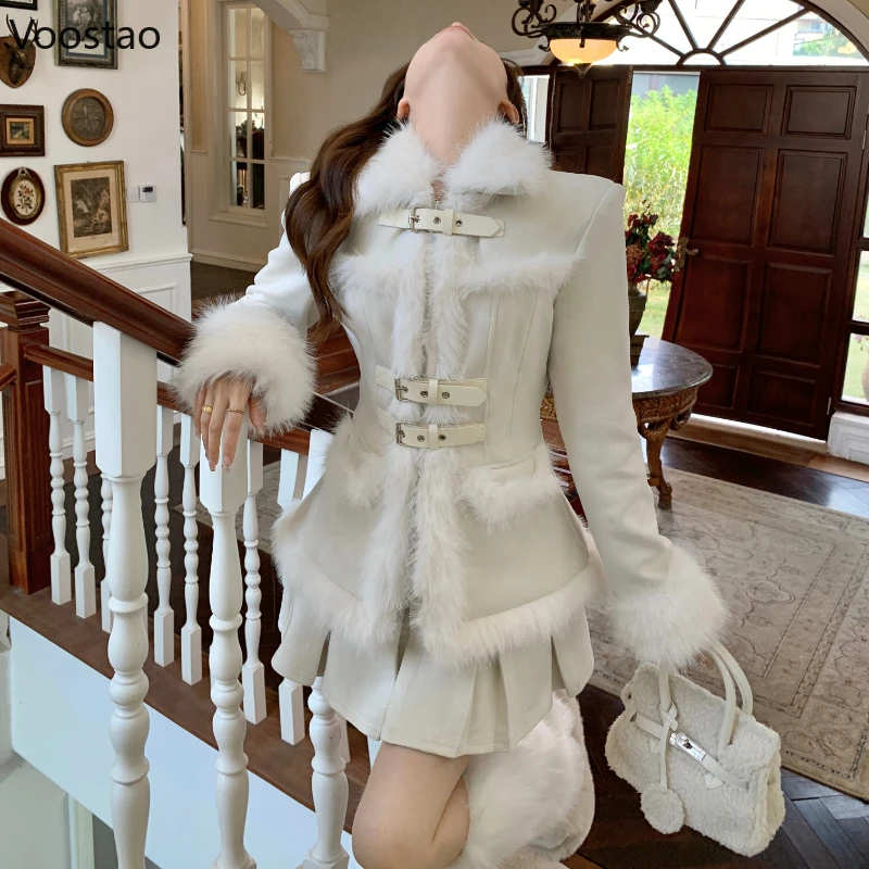 Korean 2 Piece Skirt Sets Women Casual Fake Fur Patchwork Elegant Y2k Jacket Mini Pleated Skirt Suit Female Fashion Coat Sets