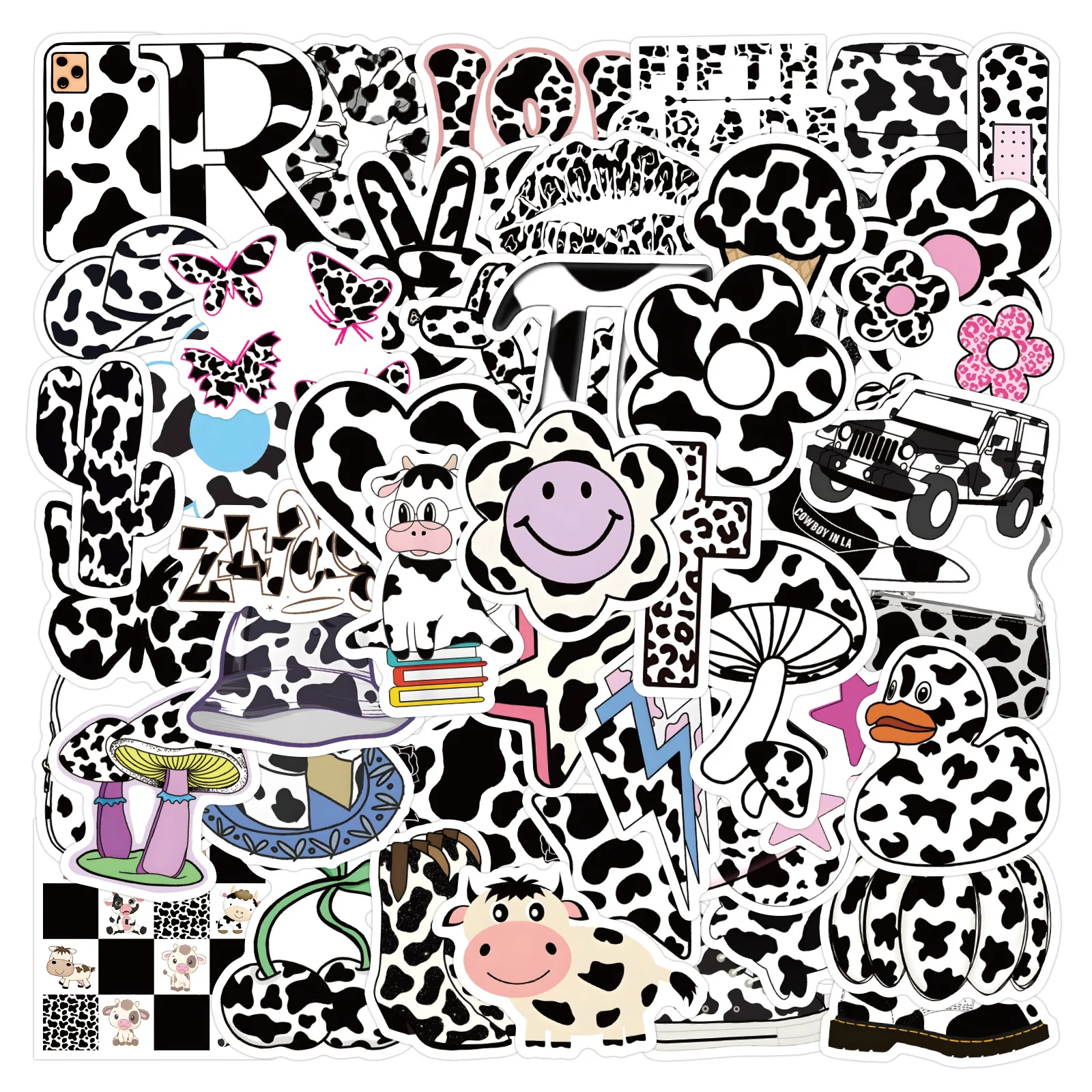 

50 Pcs Cow Funny Stickers Cartoon Black And White Spotted Animal Decorative Stickers DIY For Tablet Phone Case Scrapbook Luggage