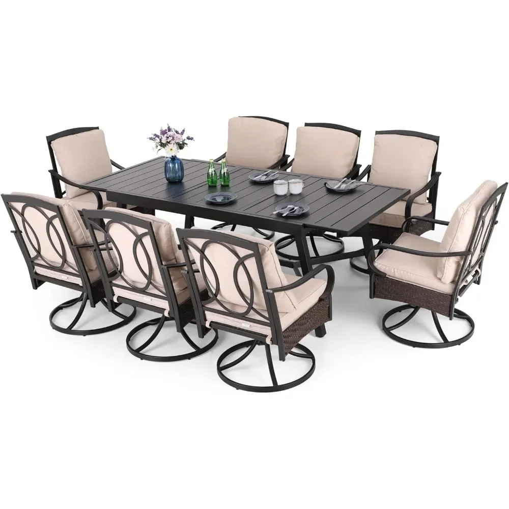 Conjunto de mesa de pátio de 9 peças para 8 pessoas, conjunto de móveis de pátio com 2 cadeiras giratórias de vime e metal e 6 cadeiras de jantar