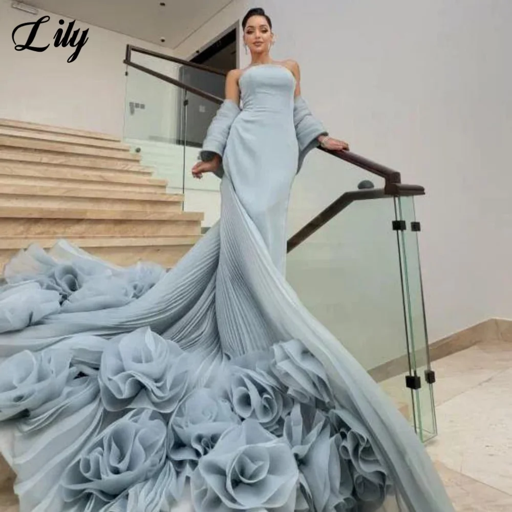 فستان حفلات من Lily Sky Blue بسيط مع أكتاف مكشوفة فستان حفلات بوق مشد خلفي مع زهور للمناسبات الخاصة حسب الطلب