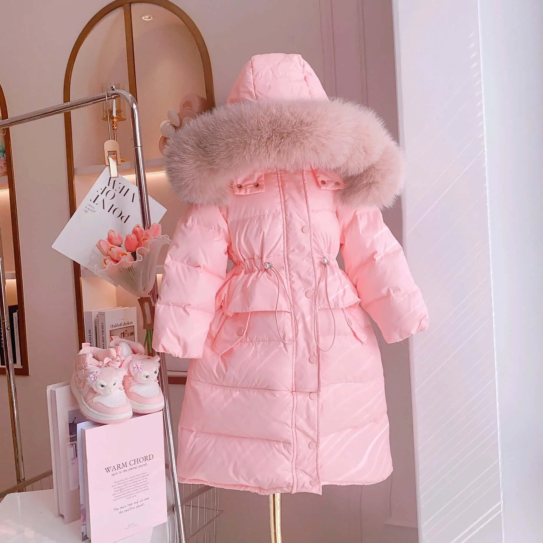 Girls 2024 New Net Red Fashion Casual Cotton-padded Jacket Long Little Girl Thickened Warm Cotton-padded Jacket