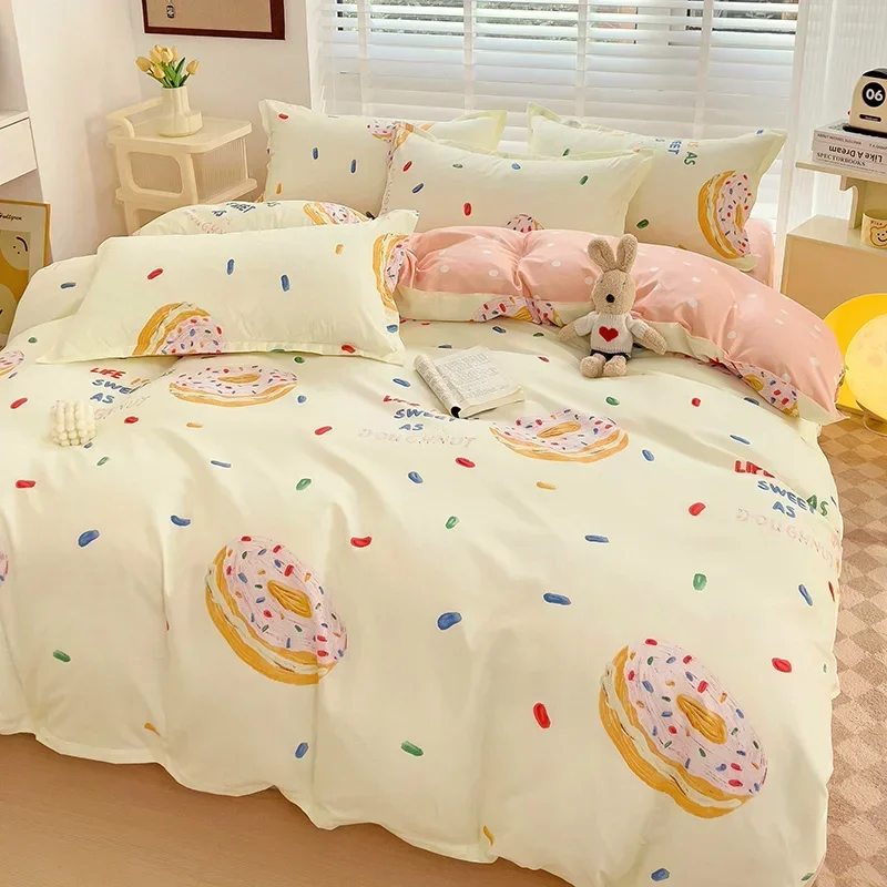 Cute Donut Print Duvet Cover Dessert Theme Comforter Cover Lovely Cartoon Food Bedding Set 3 Pcs Soft Reversible Bedspread Cover