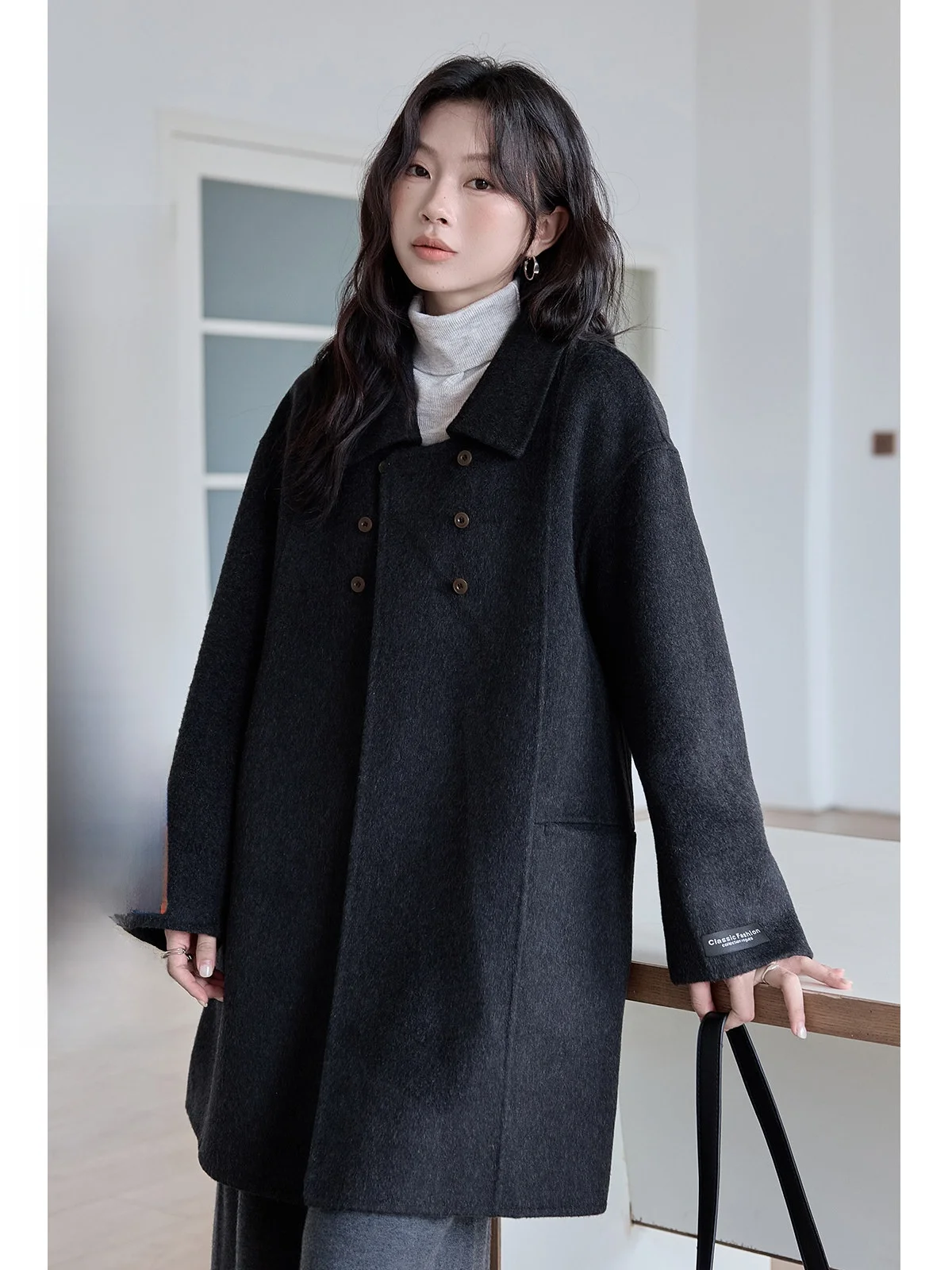 

Double-Sided Woolen Coat Women's Deep ey Mid-Length Coat Korean Sle Commute Loose Fit Long Sve Collar Button Detail